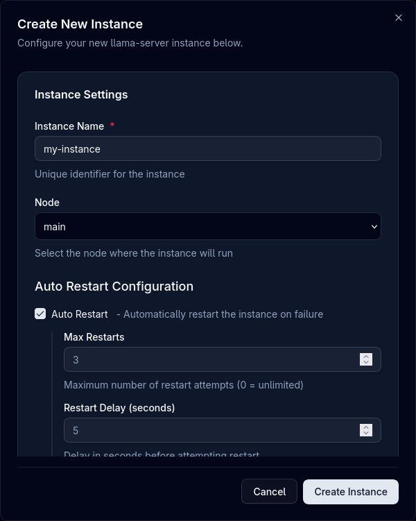 Create Instance Screenshot